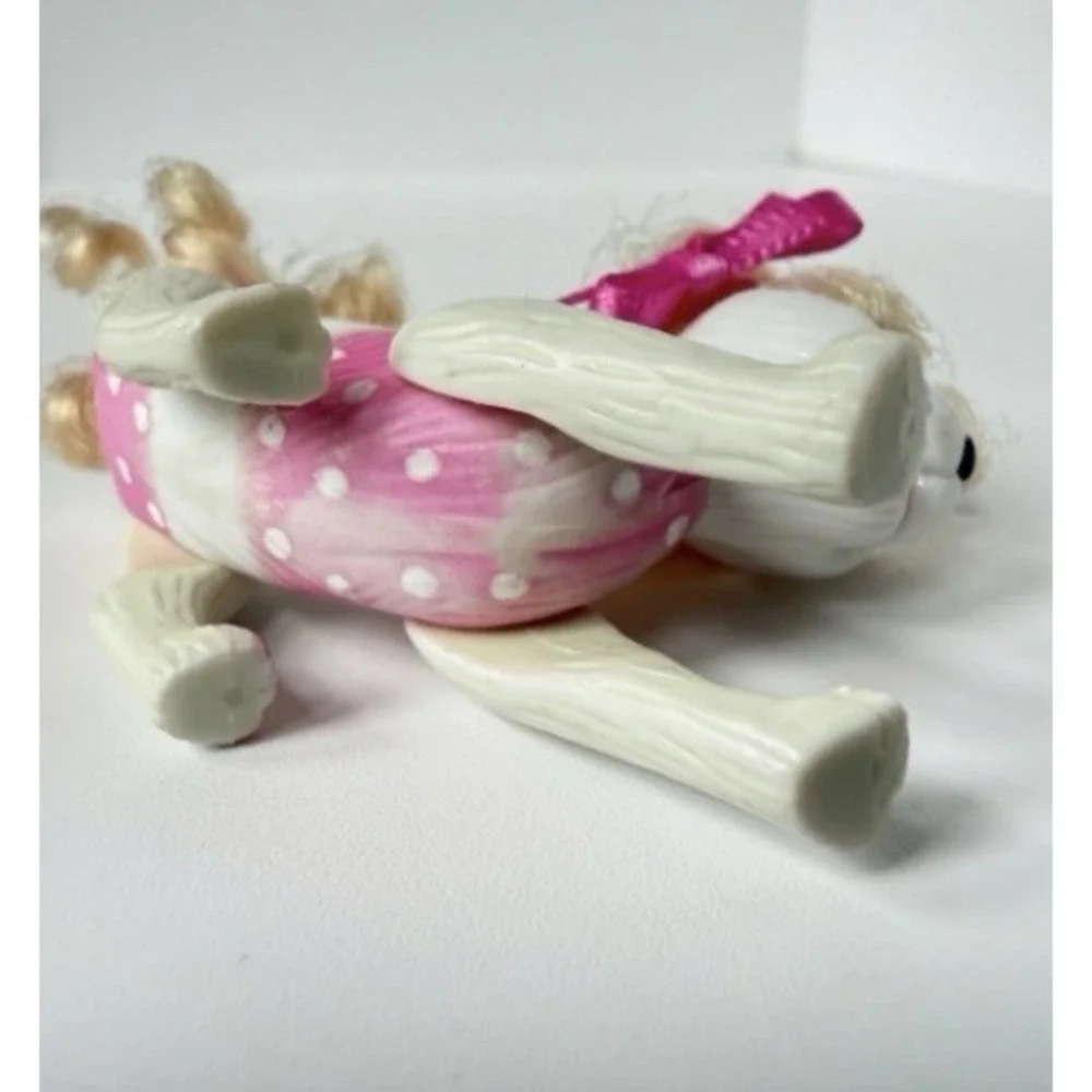 Barbie White Poodle Dog Blond Curly Hair Pink Bows Movable Feet Toy Figure